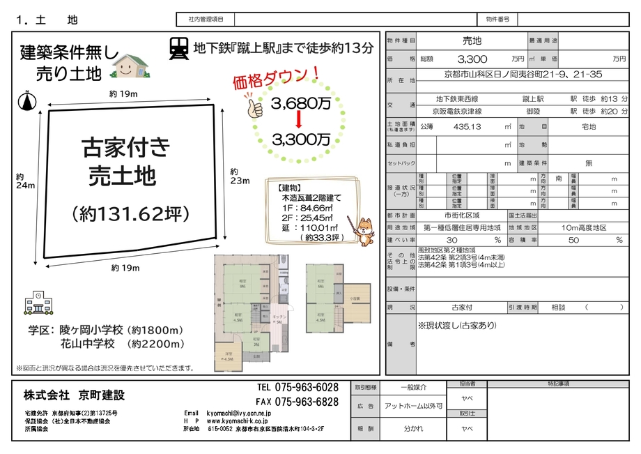 メイン画像:山科区日ノ岡夷谷町 古家付き売土地